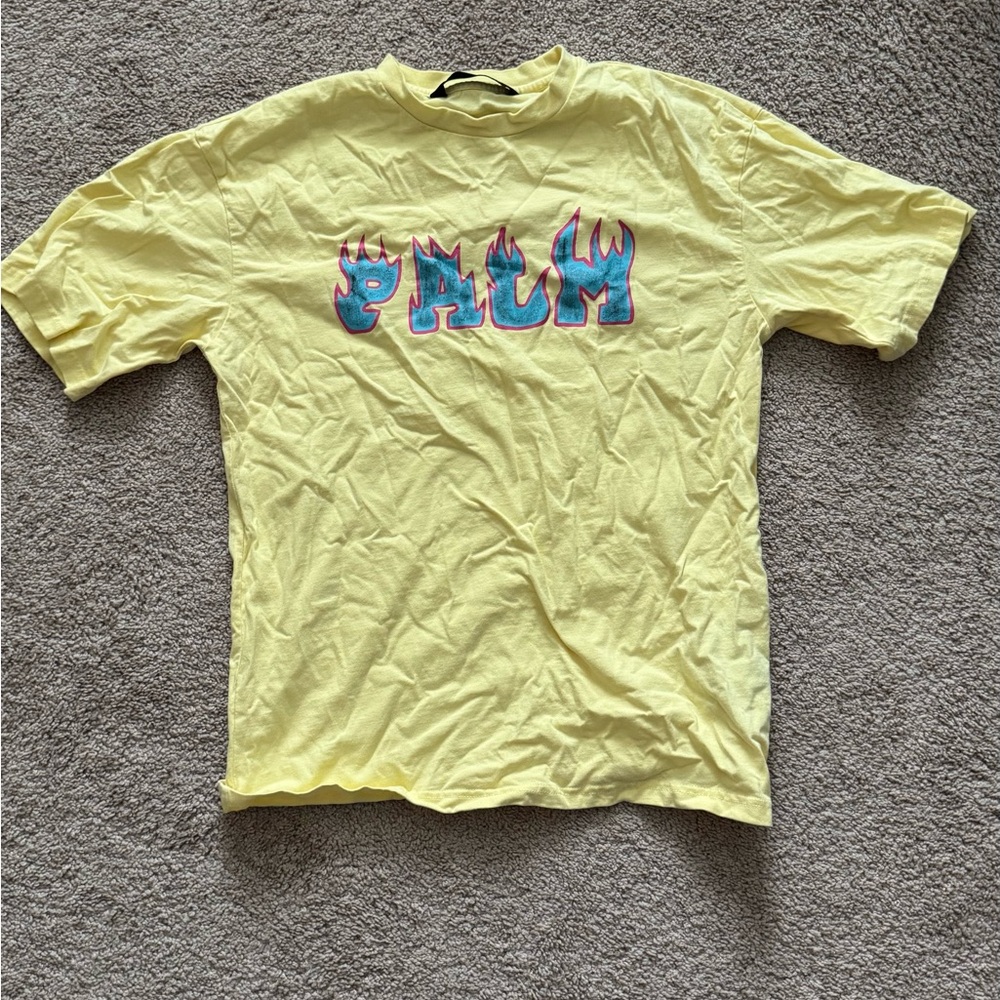 Palm Angels Yellow Tee with Blue and Pink Flame Design